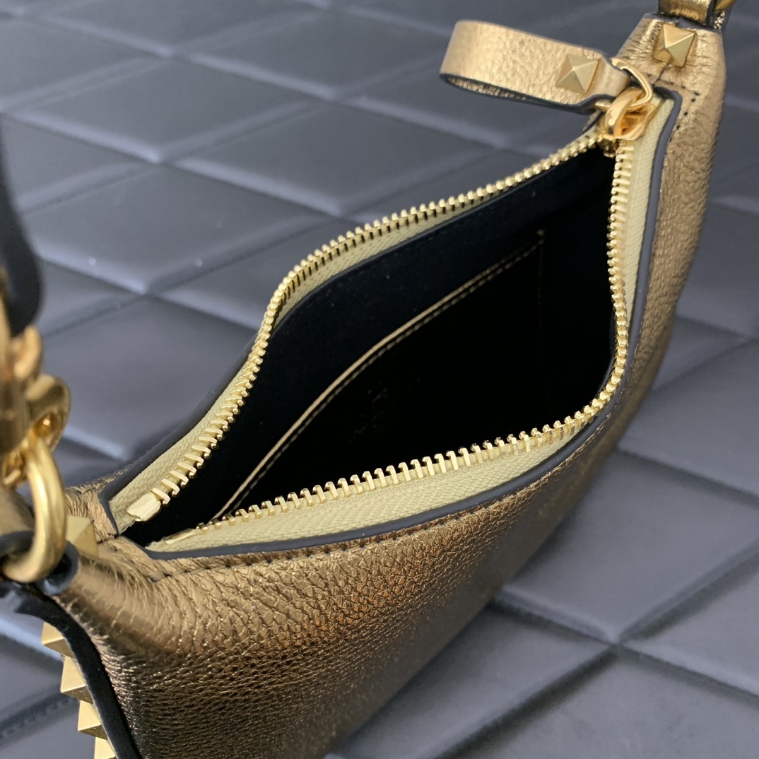 Valentino Garavani Rockstud Mini Hobo Bag in Gold Grainy Calfskin